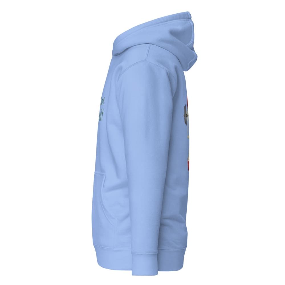 Light blue hoodie with colorful patches on a white background