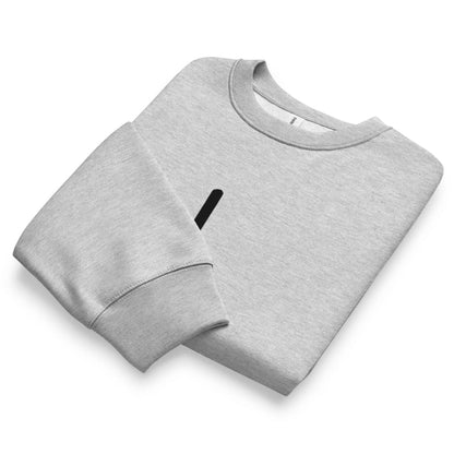 Folded gray sweatshirt with a black logo on a white background