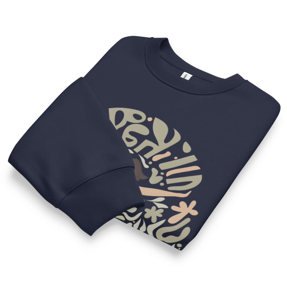 Navy blue sweatshirt with floral design and text on a white background