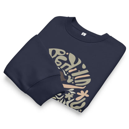 Navy blue sweatshirt with floral design and text on a white background