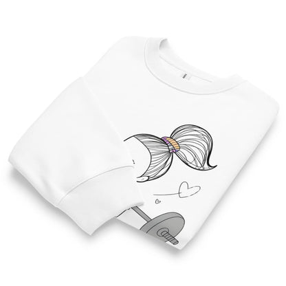 White t-shirt with a black and white design of a mermaid tail and hair bow on a white background