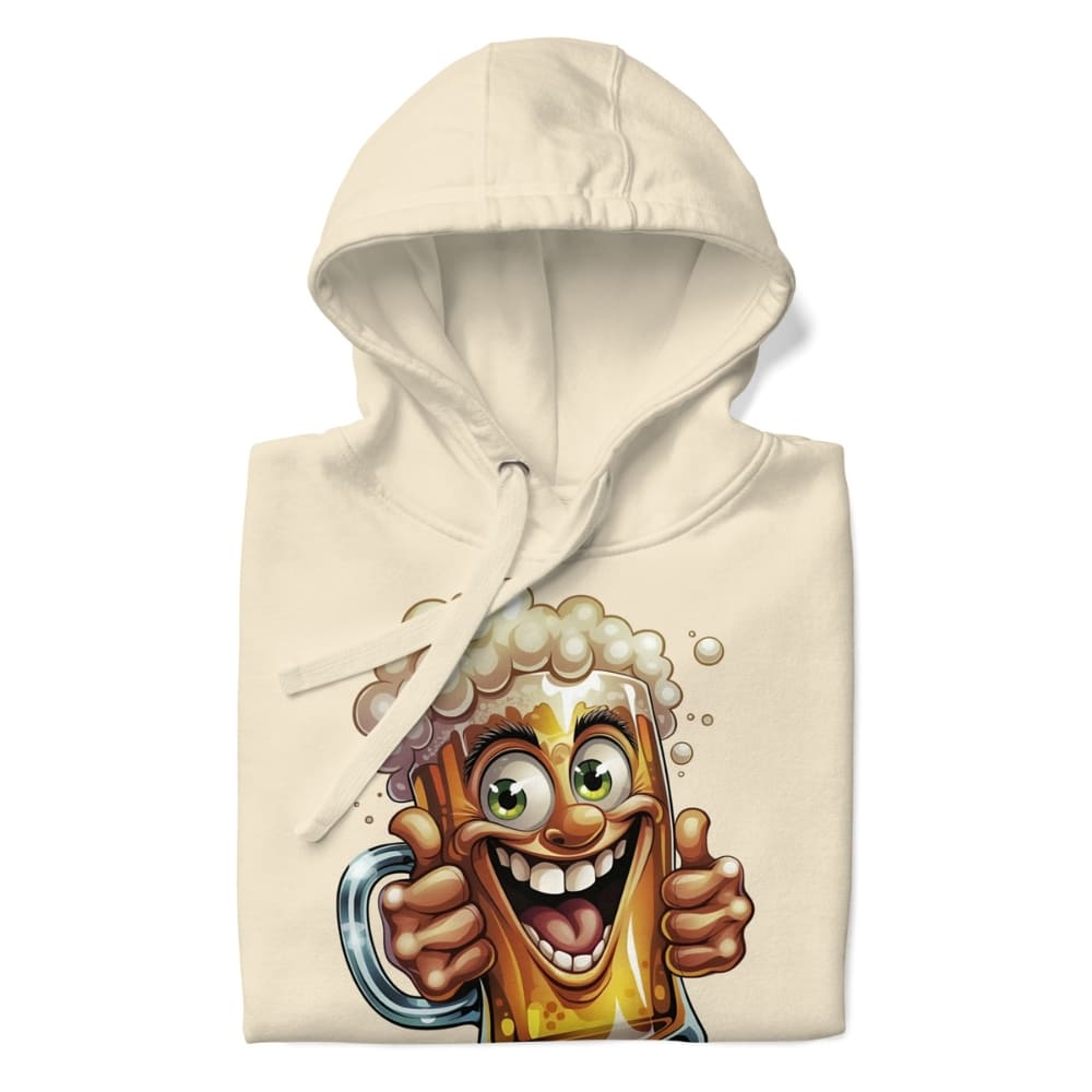 Beige hoodie with a cartoon beer mug design on a white background