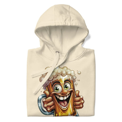 Beige hoodie with a cartoon beer mug design on a white background