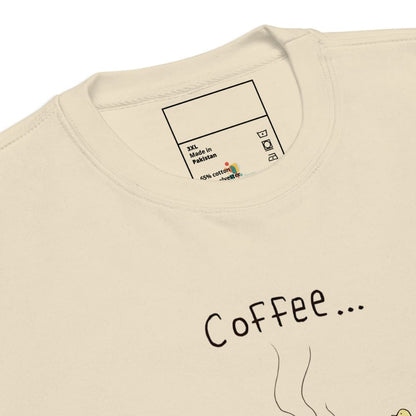 Beige t-shirt with 'Coffee...' text and brand label on a white background