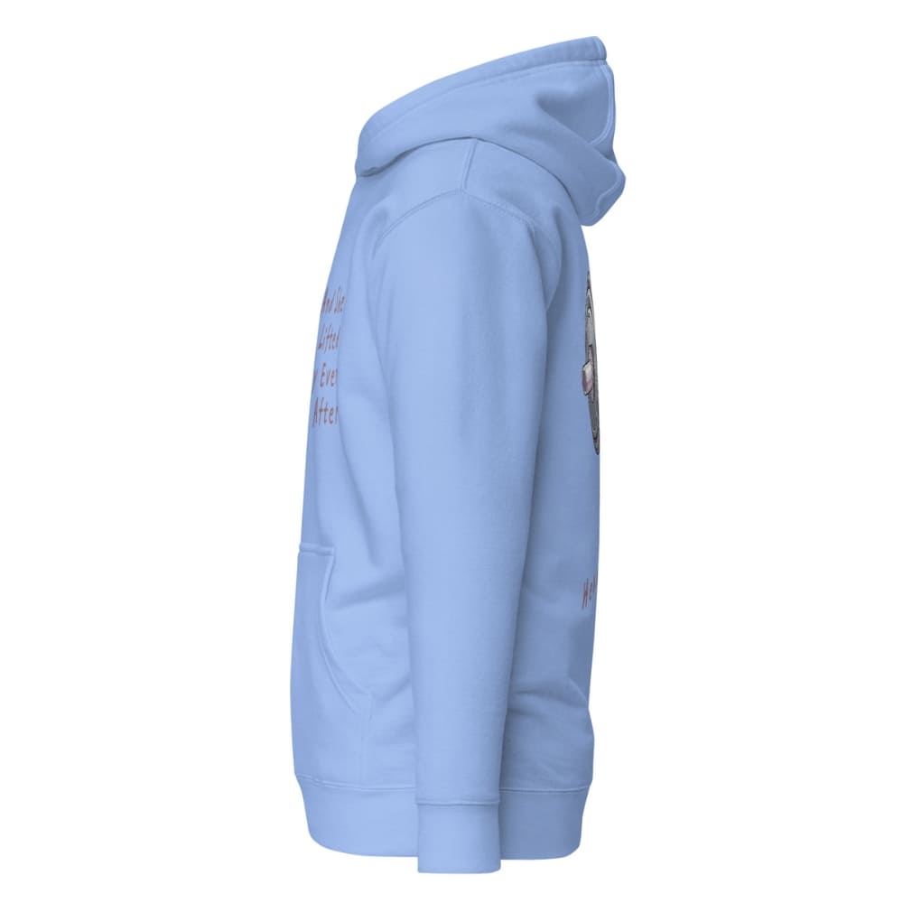 Light blue hoodie with text and graphics on a white background