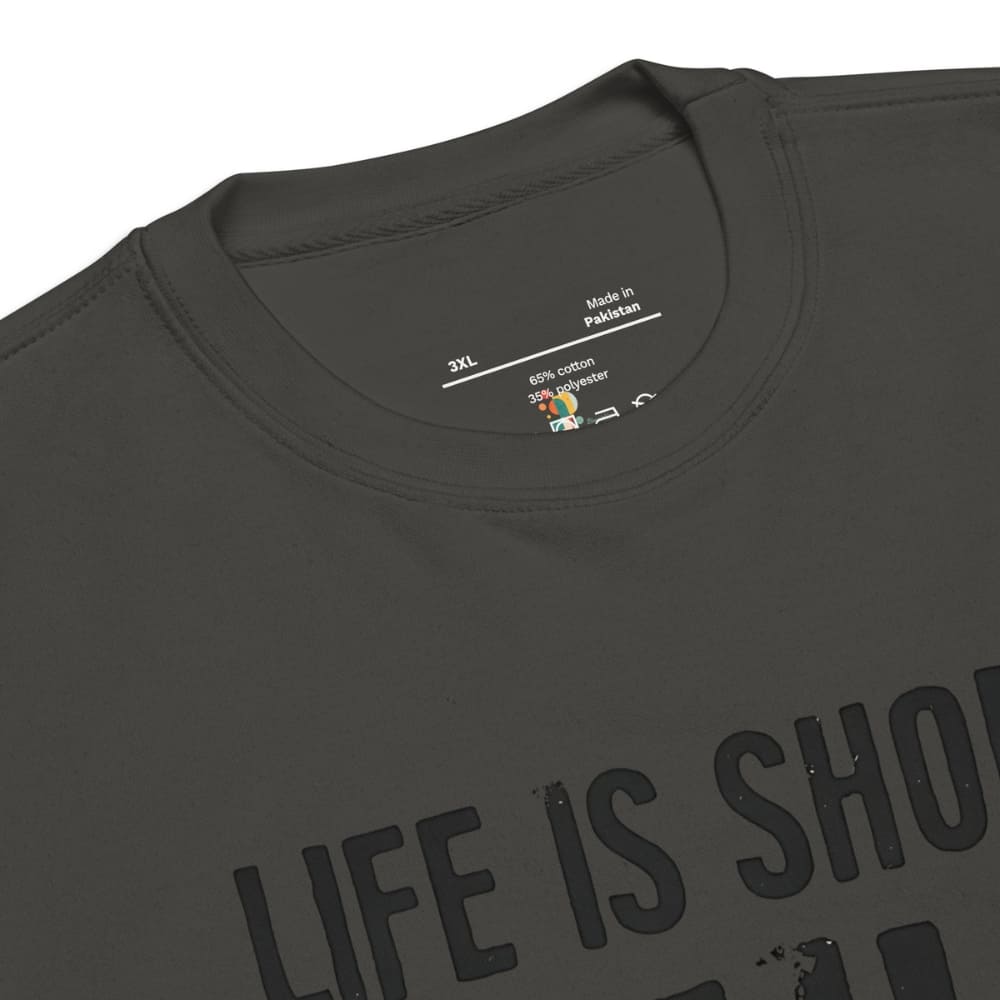Black t-shirt with 'Life is short, go live it' text and brand label on a white background