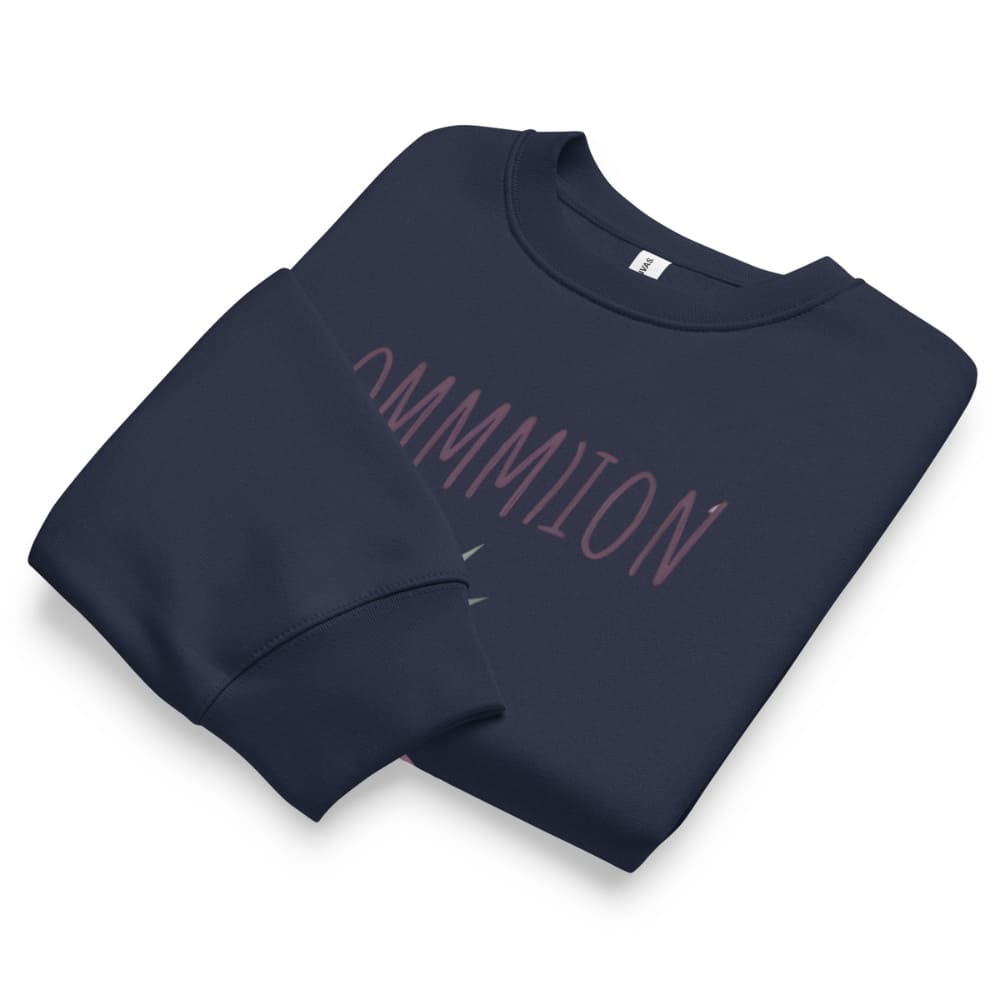 Folded navy blue sweatshirt with pink text on a white background