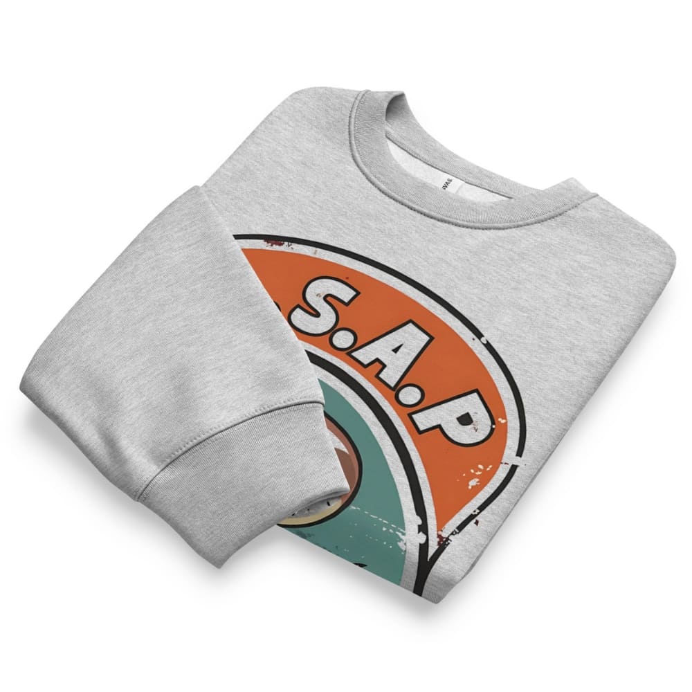 Gray sweatshirt with a colorful graphic design on a white background