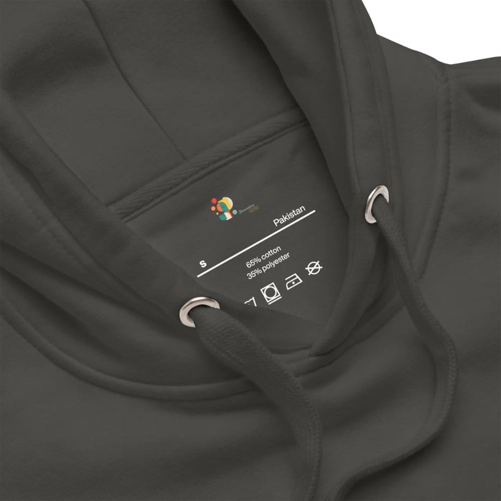 Black hoodie with a label showing fabric information on a white background