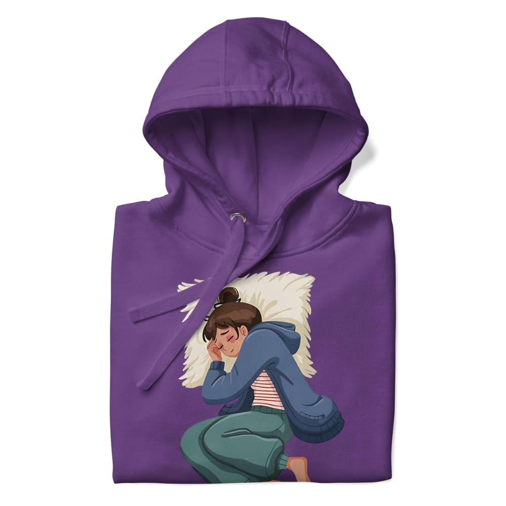 Purple hoodie with a graphic of a person sitting on a pillow on a white background