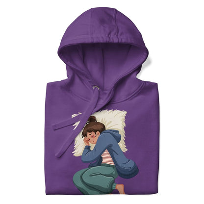 Purple hoodie with a graphic of a person sitting on a pillow on a white background