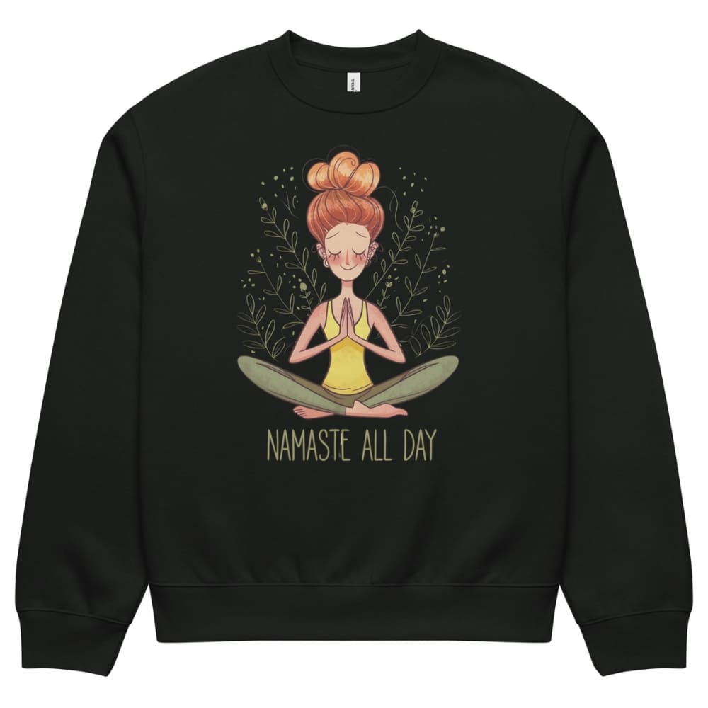 Black sweatshirt with a yoga-themed design and 'Namaste All Day' text on a white background