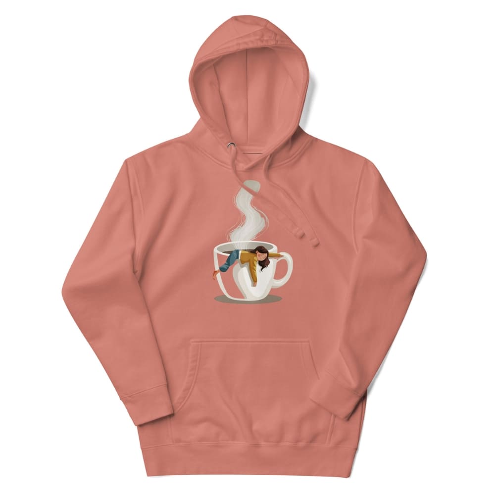 Coral hoodie with a graphic of a coffee cup and people inside on a white background