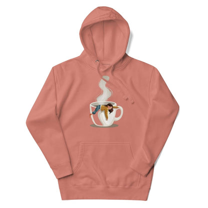 Coral hoodie with a graphic of a coffee cup and people inside on a white background