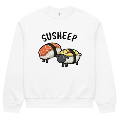 White sweatshirt with 'SUSHEEP' text and sheep sushi design on a white background