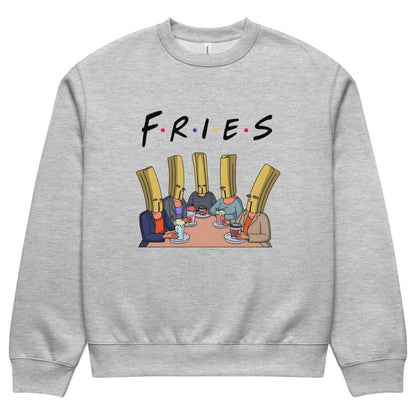 Gray sweatshirt with 'FRIES' graphic design on a white background