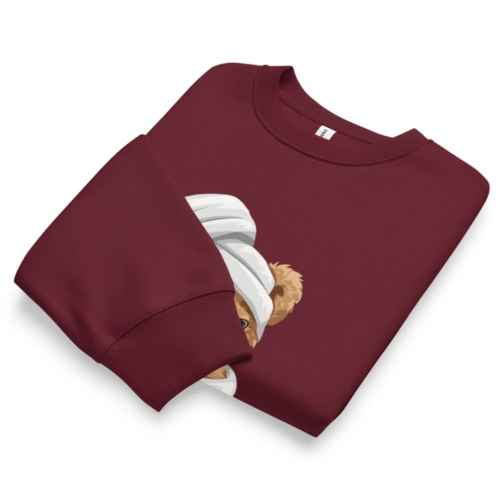 Maroon sweatshirt with a teddy bear design on a white background