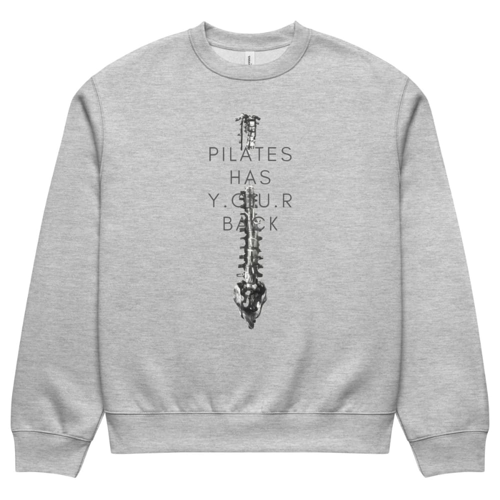 Gray sweatshirt with a spine illustration and text on a white background