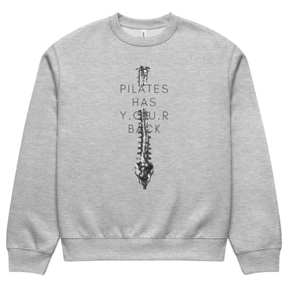 Gray sweatshirt with a spine illustration and text on a white background