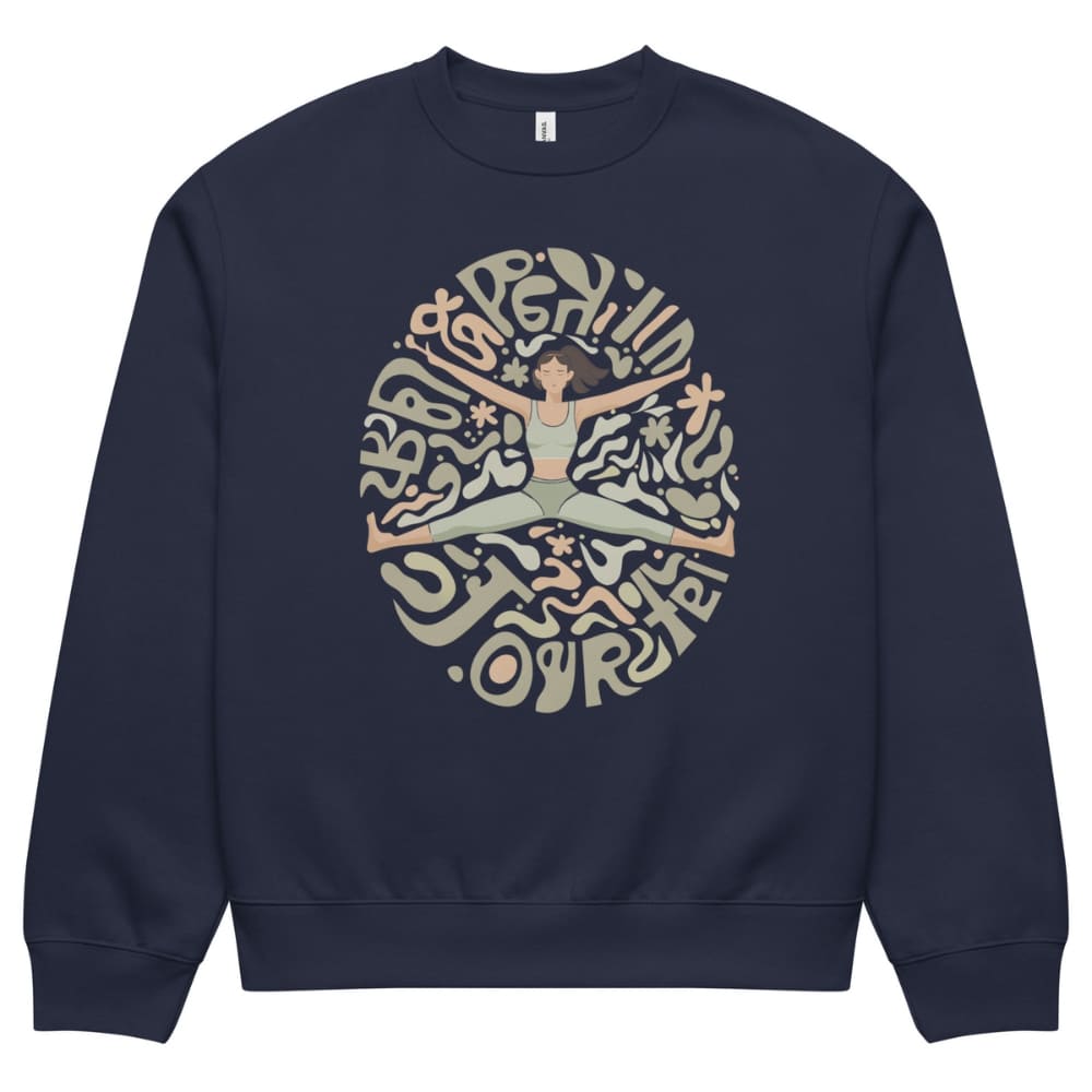 Navy blue sweatshirt with a graphic design of a person in a yoga pose and text on a white background