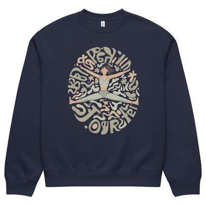 Navy blue sweatshirt with a graphic design of a person in a yoga pose and text on a white background