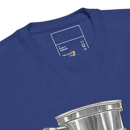 Close-up of a blue t-shirt with a silver pot graphic and label on a white background