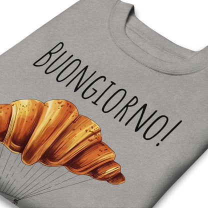 Gray t-shirt with a croissant graphic and 'BUONGIORNO!' text on a white background