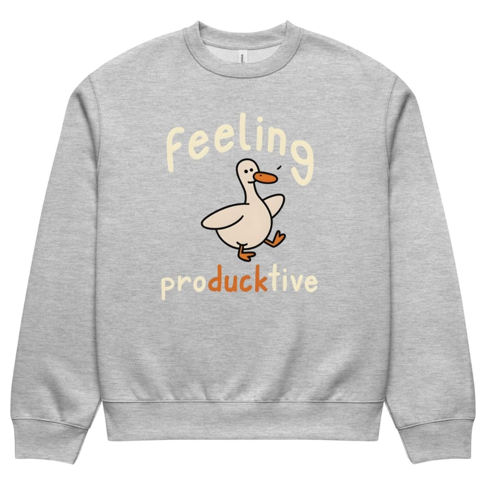 Gray sweatshirt with a cartoon duck and text 'feeling producktive' on a white background
