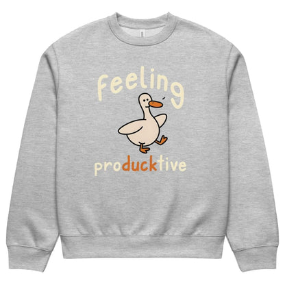Gray sweatshirt with a cartoon duck and text 'feeling producktive' on a white background