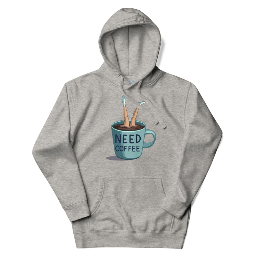 Gray hoodie with a graphic of a coffee cup and 'NEED COFFEE' text on a white background