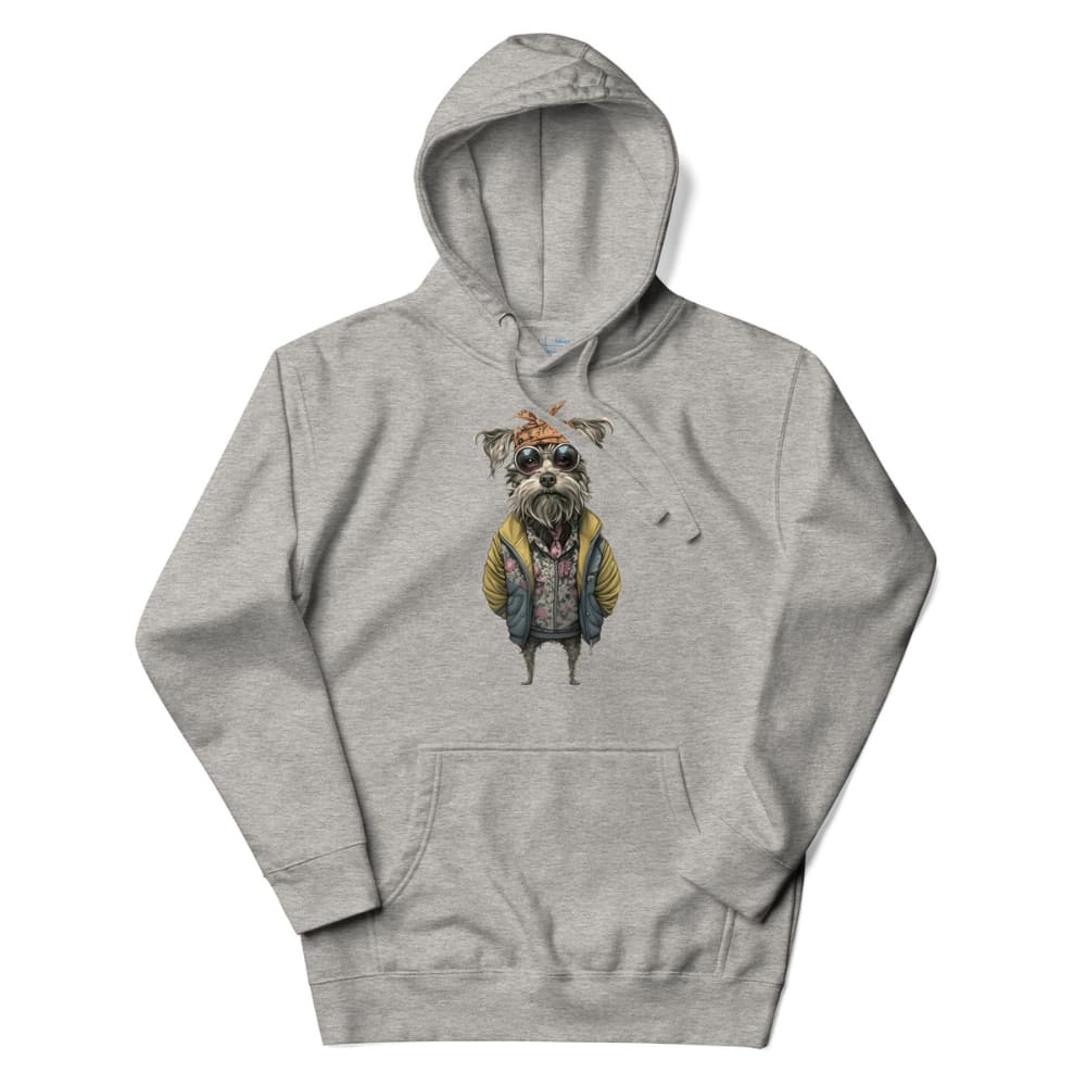 Gray hoodie with a dog graphic on a white background