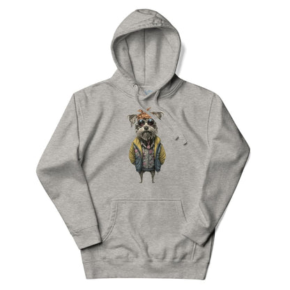 Gray hoodie with a dog graphic on a white background