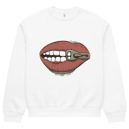 White sweatshirt with a graphic of red lips with a gold ring on a white background