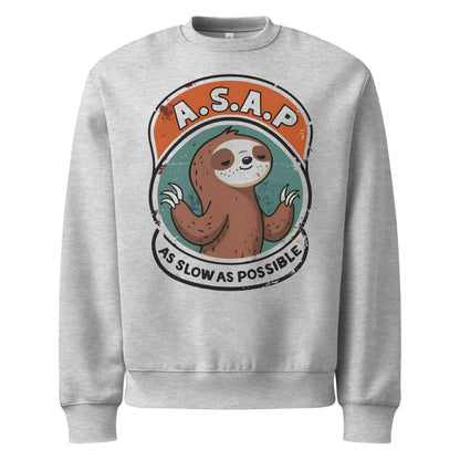 Gray sweatshirt with a sloth graphic and 'A.S.A.P. As Slow as Possible' text on a white background