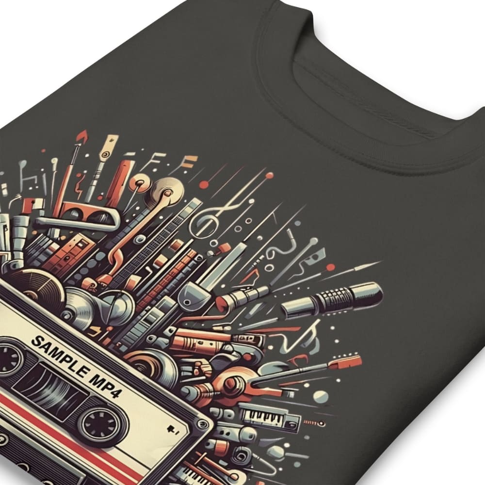 Vintage Black sweatshirt with a colorful graphic design featuring musical instruments and a cassette tape on a white background.