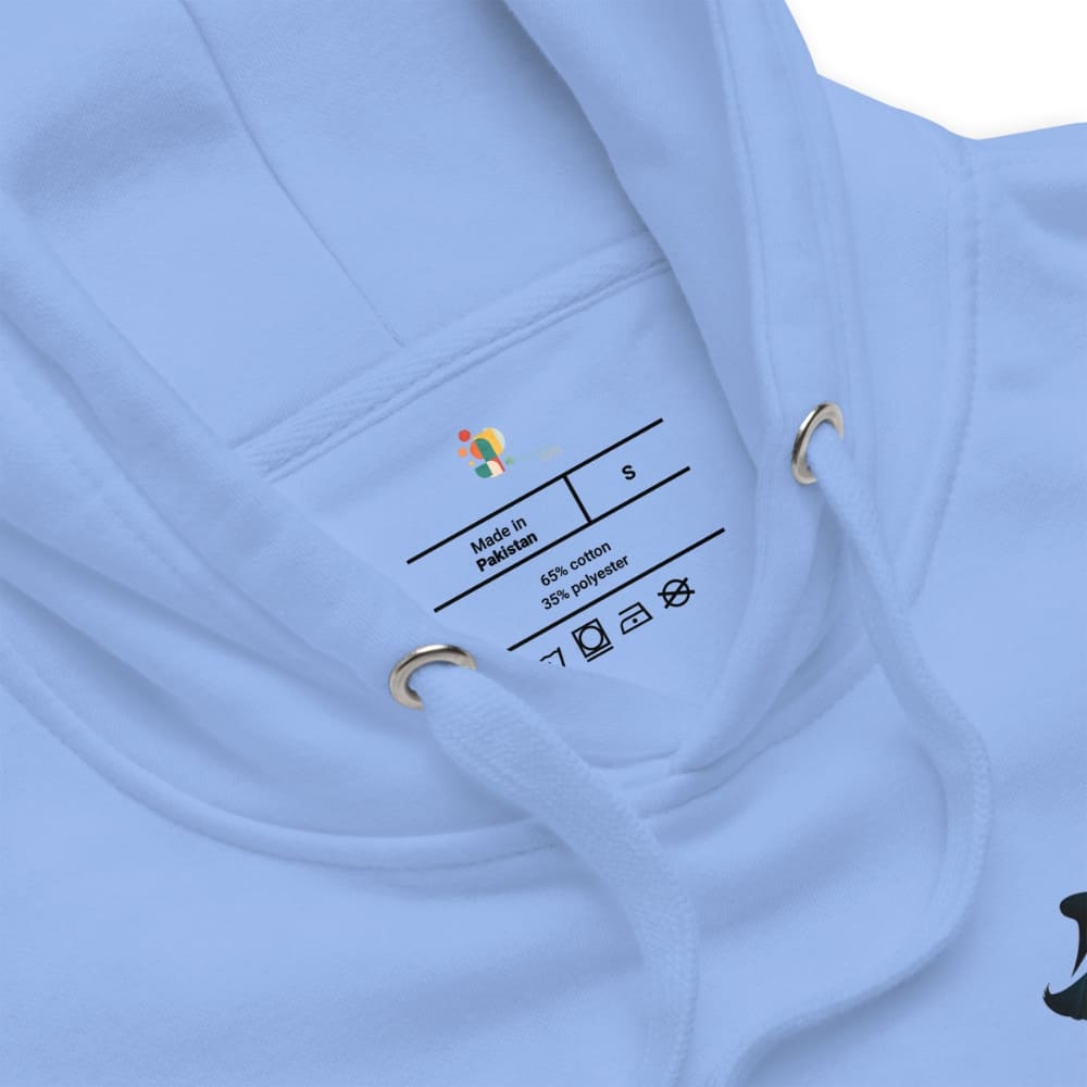 Close-up of a light blue garment with a label on a white background