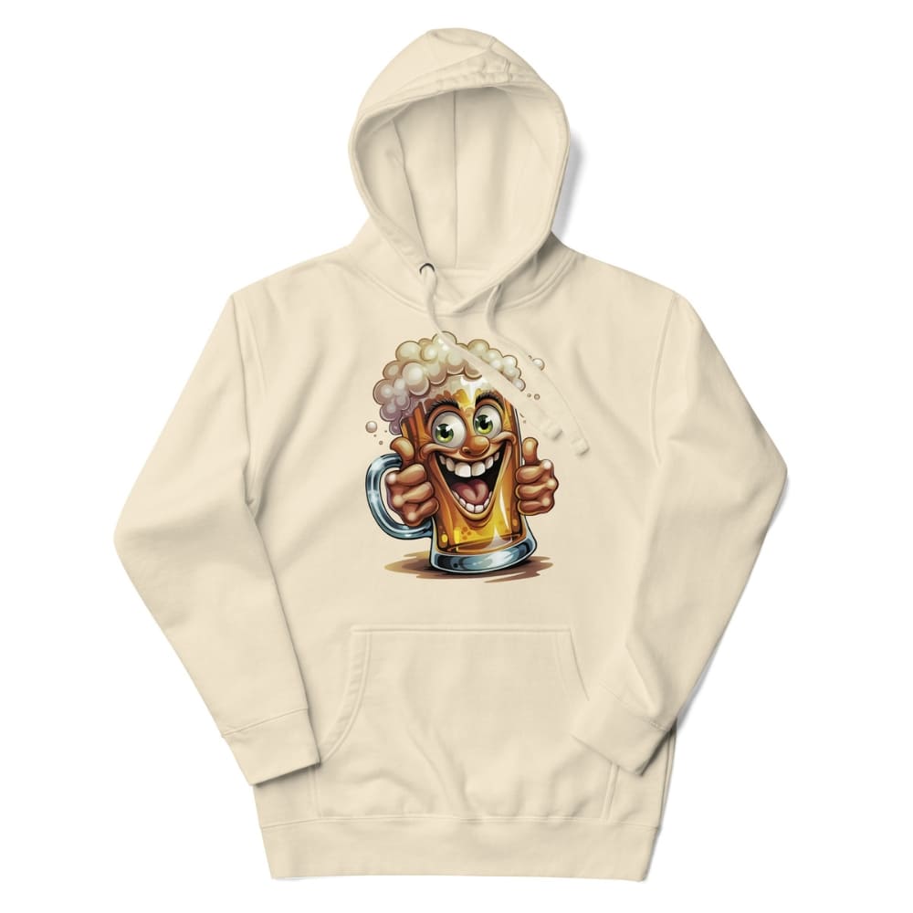 Beige hoodie with a cartoon beer mug design on a white background