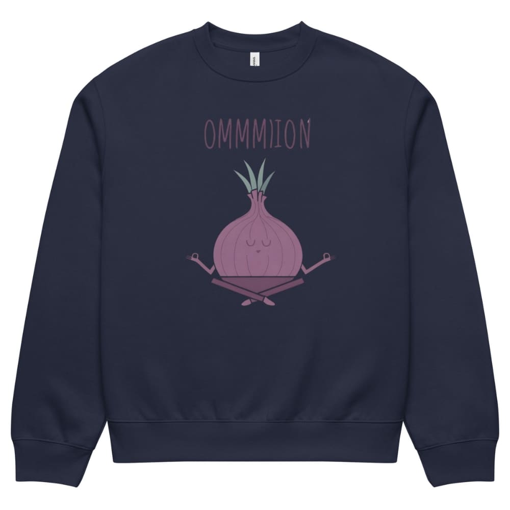 Navy blue sweatshirt with a cartoon onion and 'OMMION' text on a white background