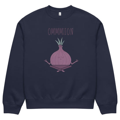 Navy blue sweatshirt with a cartoon onion and 'OMMION' text on a white background