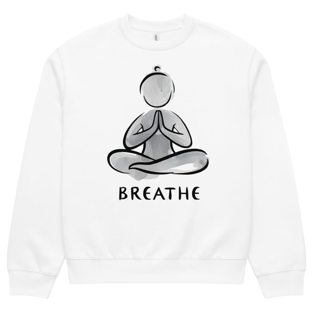 White sweatshirt with a black and white yoga pose graphic and 'BREATHE' text on a white background