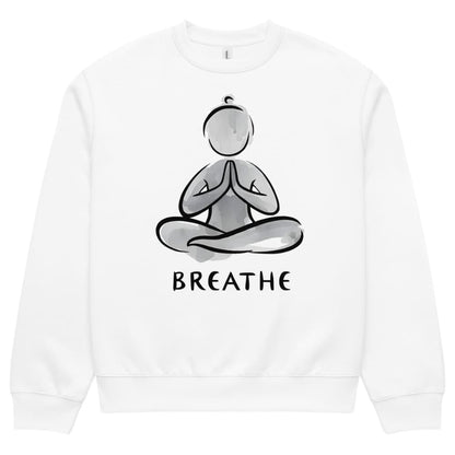 White sweatshirt with a black and white yoga pose graphic and 'BREATHE' text on a white background