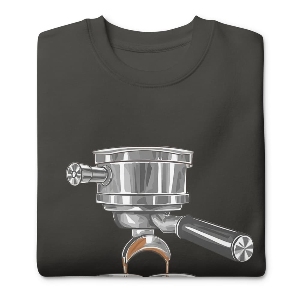 Black sweatshirt with a coffee press graphic on a white background