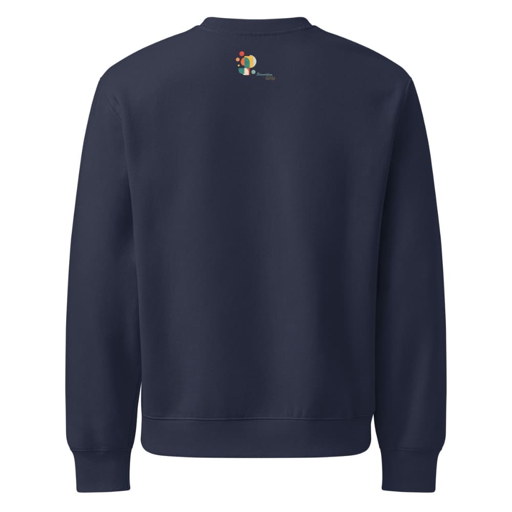 Navy blue sweatshirt with a colorful logo on the back against a white background
