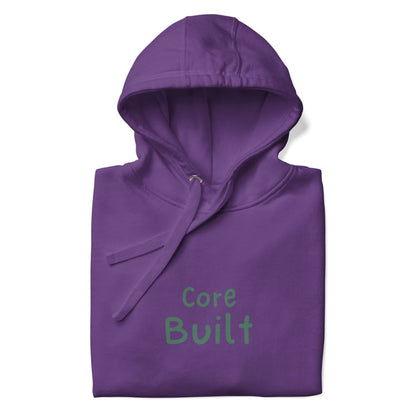 Purple hoodie with 'Care Built' text on a white background