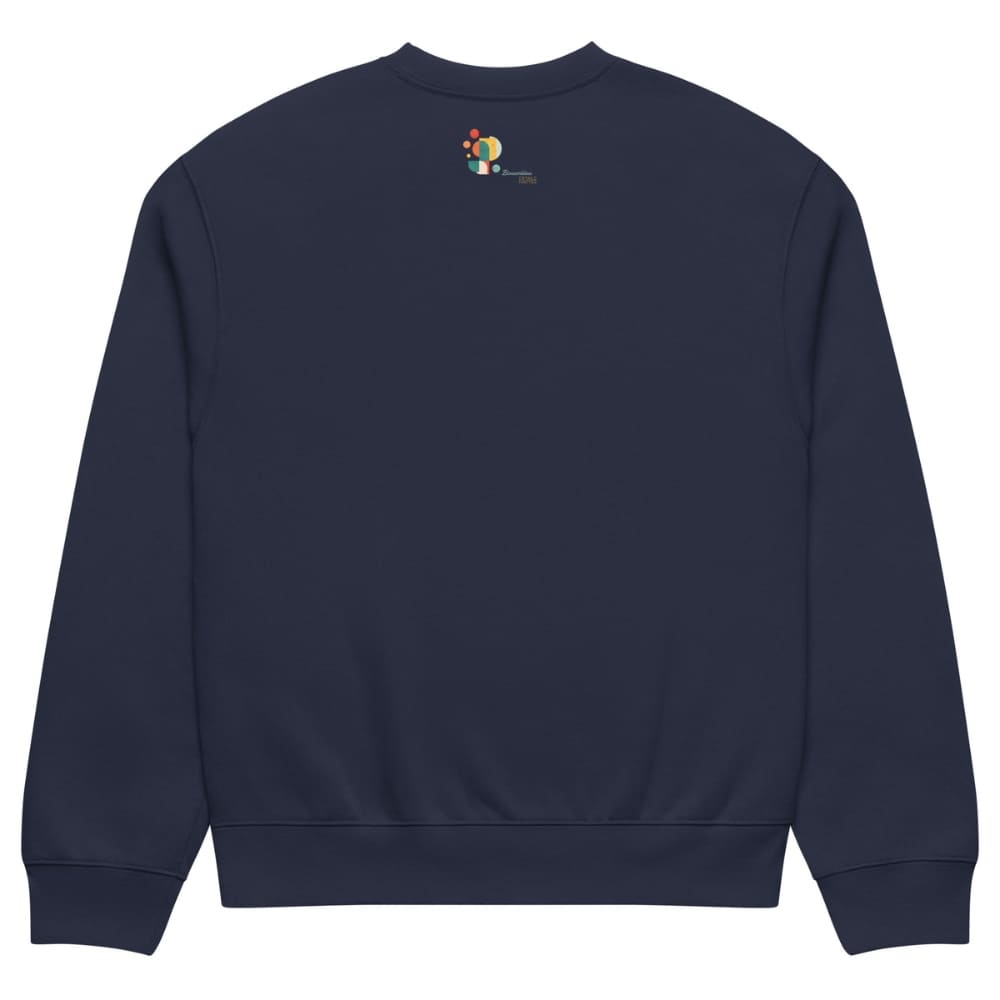 Navy blue sweatshirt with a small colorful logo on the chest against a white background