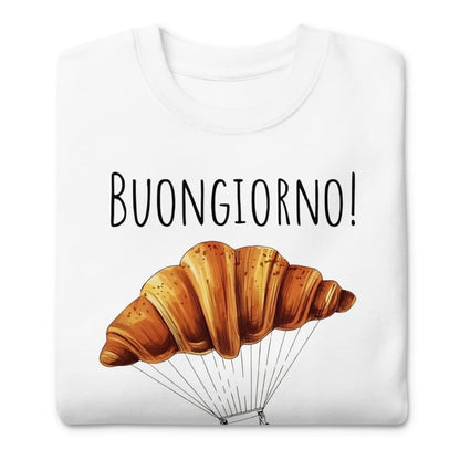 White t-shirt with a croissant graphic and 'BUONGIORNO!' text on a white background