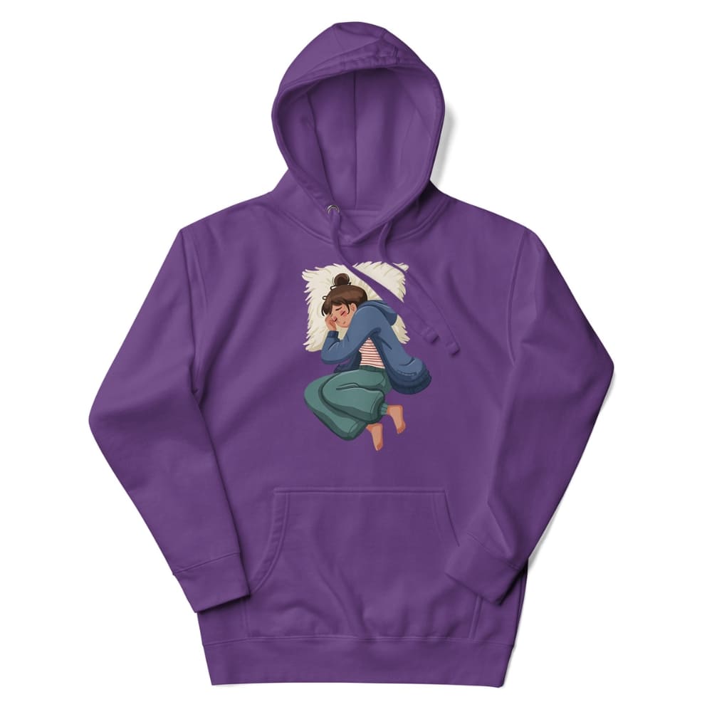 Purple hoodie with a graphic of a person sitting on a pillow on a white background