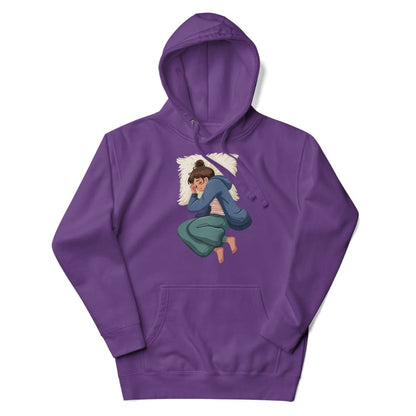 Purple hoodie with a graphic of a person sitting on a pillow on a white background