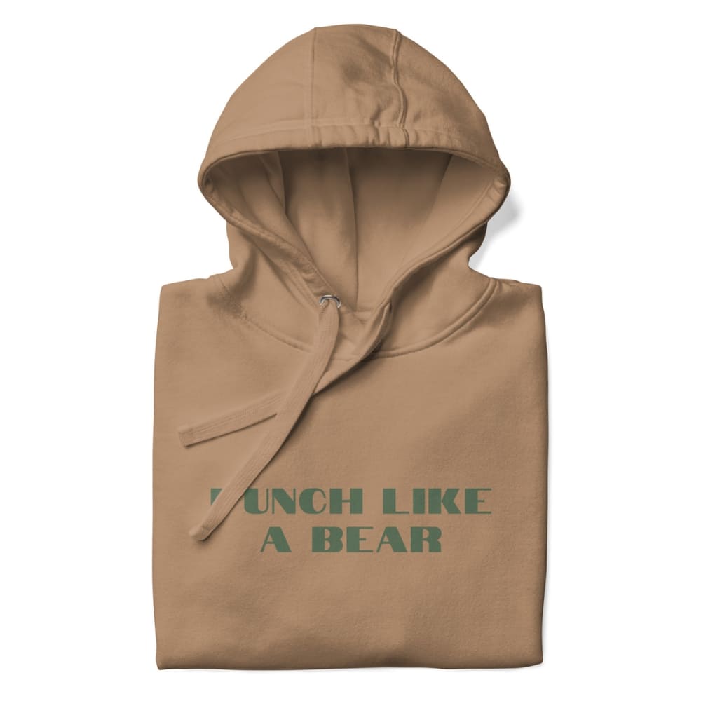 Brown hoodie with 'PUNCH LIKE A BEAR' text on a white background