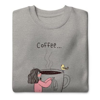 Gray t-shirt with a coffee-themed design featuring a person holding a steaming cup of coffee and a bird.